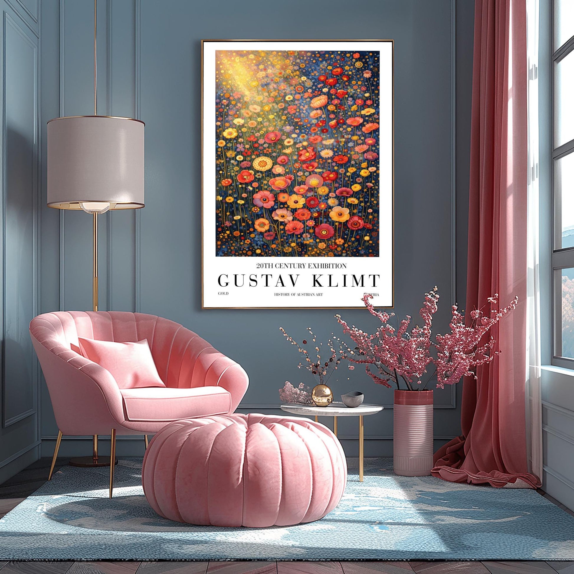 A vertical museum exhibition poster in the style of Gustav Klimt. A dense field of stylized poppies and wildflowers in coral, red, and yellow fills the frame. A bright golden sunburst glows from the top left. The background is a dark navy blue. Bold black text at the bottom reads "GUSTAV KLIMT" and "HISTORY OF AUSTRIAN ART."