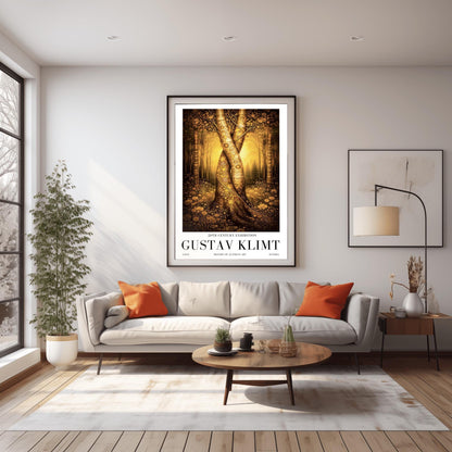 A vertical exhibition poster for Gustav Klimt. Two large tree trunks with golden mosaic patterns are entwined and twisted together in the center of a sunlit forest. The background is a soft amber glow, and the foreground features detailed golden flowers. White border with black text at the bottom.