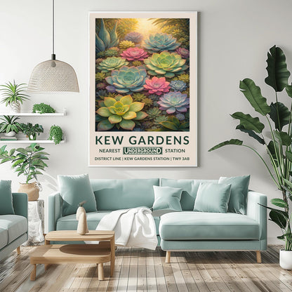 A vertical vintage travel poster for Kew Gardens featuring a dense, top-down view of many succulent plants. The composition is filled with large and small Echeveria rosettes in soft pastel shades of pink, light green, and pale blue. Warm sunlight glows from the top of the frame, highlighting the edges of the thick, fleshy leaves. The bottom features a cream border with bold green text: "KEW GARDENS" and "NEAREST UNDERGROUND STATION" with District Line details.