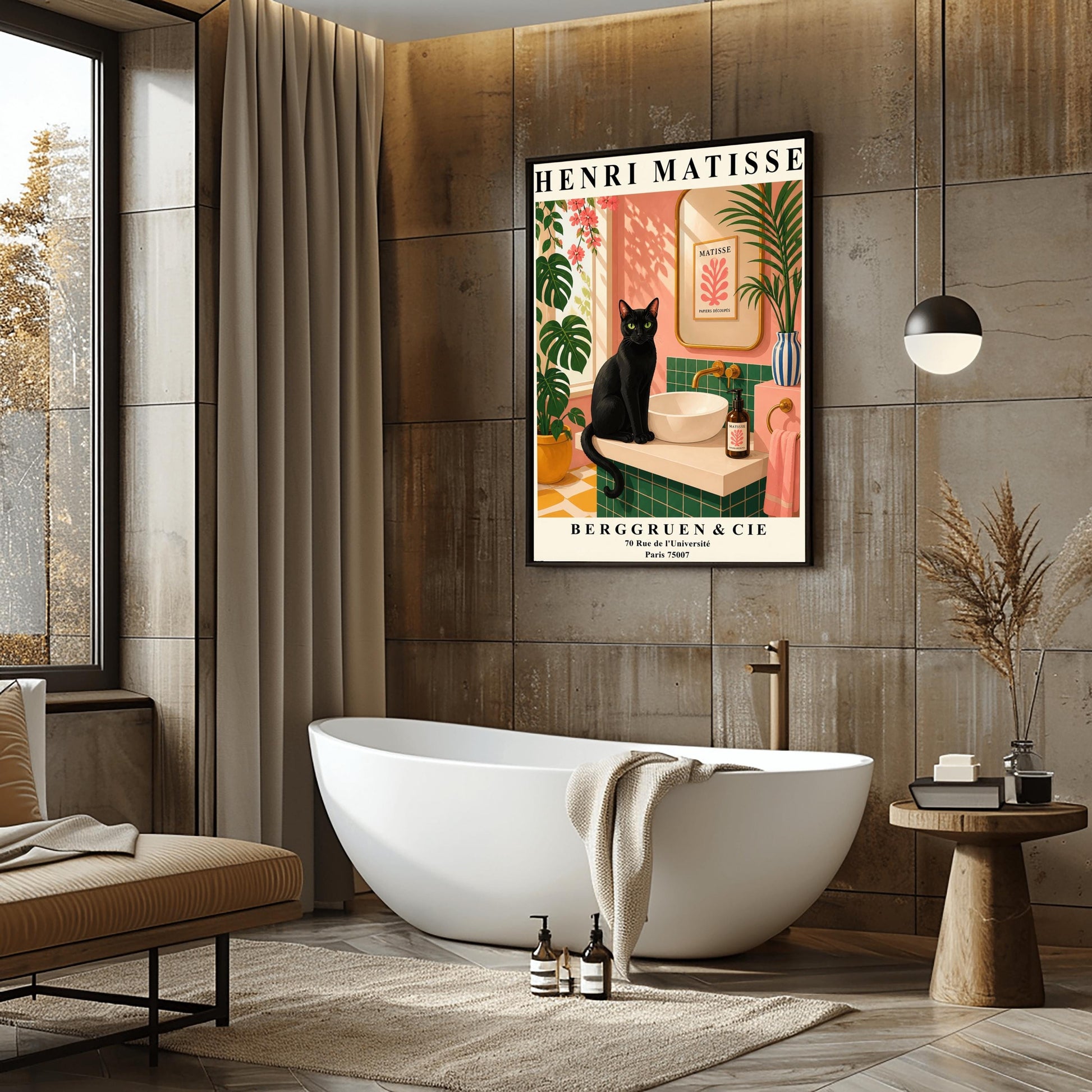 A vertical art print styled as a Henri Matisse exhibition poster. A sleek black cat with bright green eyes sits on a cream-colored bathroom vanity next to a white vessel sink. The bathroom features blush pink walls and emerald green tiles. A gold-framed mirror reflects a Matisse leaf print. Lush green plants and pink flowers frame the scene, and dappled sunlight creates shadows on the wall. The poster has bold black text at the top and bottom with the gallery name Berggruen & Cie.