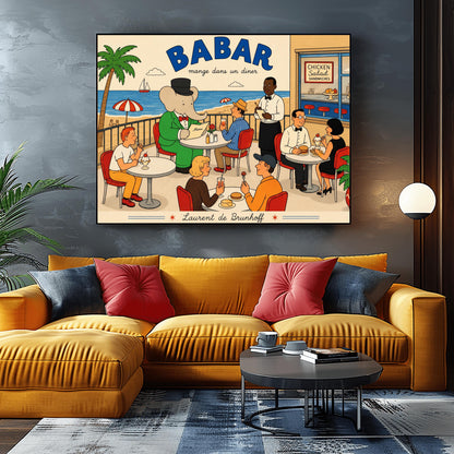 A bright 1950s-style illustration poster titled "BABAR mange dans un diner" in bold blue and black script. The scene shows an outdoor diner balcony overlooking a sandy beach and blue ocean with a sailboat. On the left, the cartoon elephant King Babar sits at a round white table in a green suit and top hat, reading a menu. Several other patrons are seated at tables on red chairs eating burgers and ice cream sundaes, while a waiter in a bowtie takes notes.