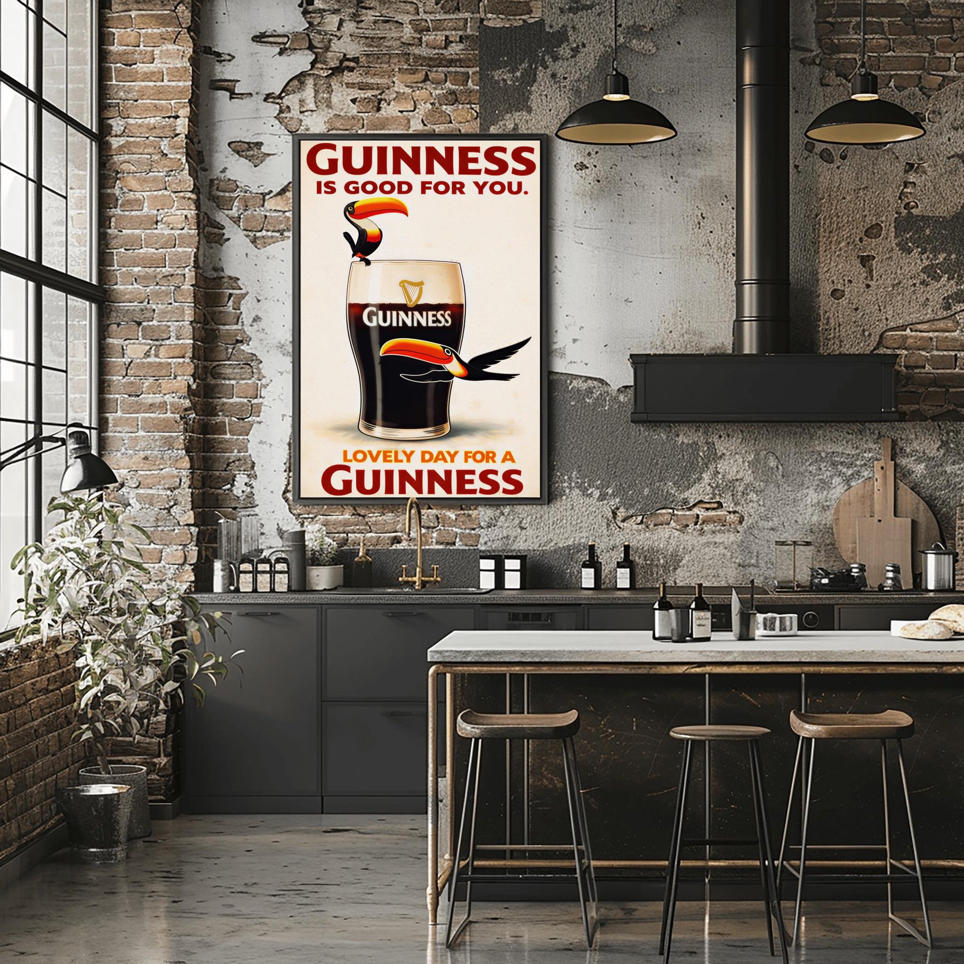 A vertical vintage-style advertisement for Guinness. A large glass of dark stout with a creamy white head is centered. A cartoon toucan with a large orange beak is perched on the rim, and another toucan flies past the bottom of the glass. The text reads "GUINNESS IS GOOD FOR YOU" at the top and "LOVELY DAY FOR A GUINNESS" at the bottom in red font.
