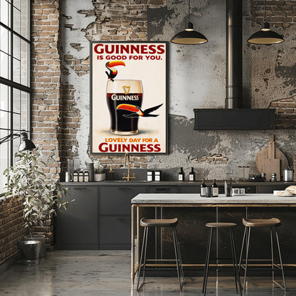 A vertical vintage-style advertisement for Guinness. A large glass of dark stout with a creamy white head is centered. A cartoon toucan with a large orange beak is perched on the rim, and another toucan flies past the bottom of the glass. The text reads "GUINNESS IS GOOD FOR YOU" at the top and "LOVELY DAY FOR A GUINNESS" at the bottom in red font.