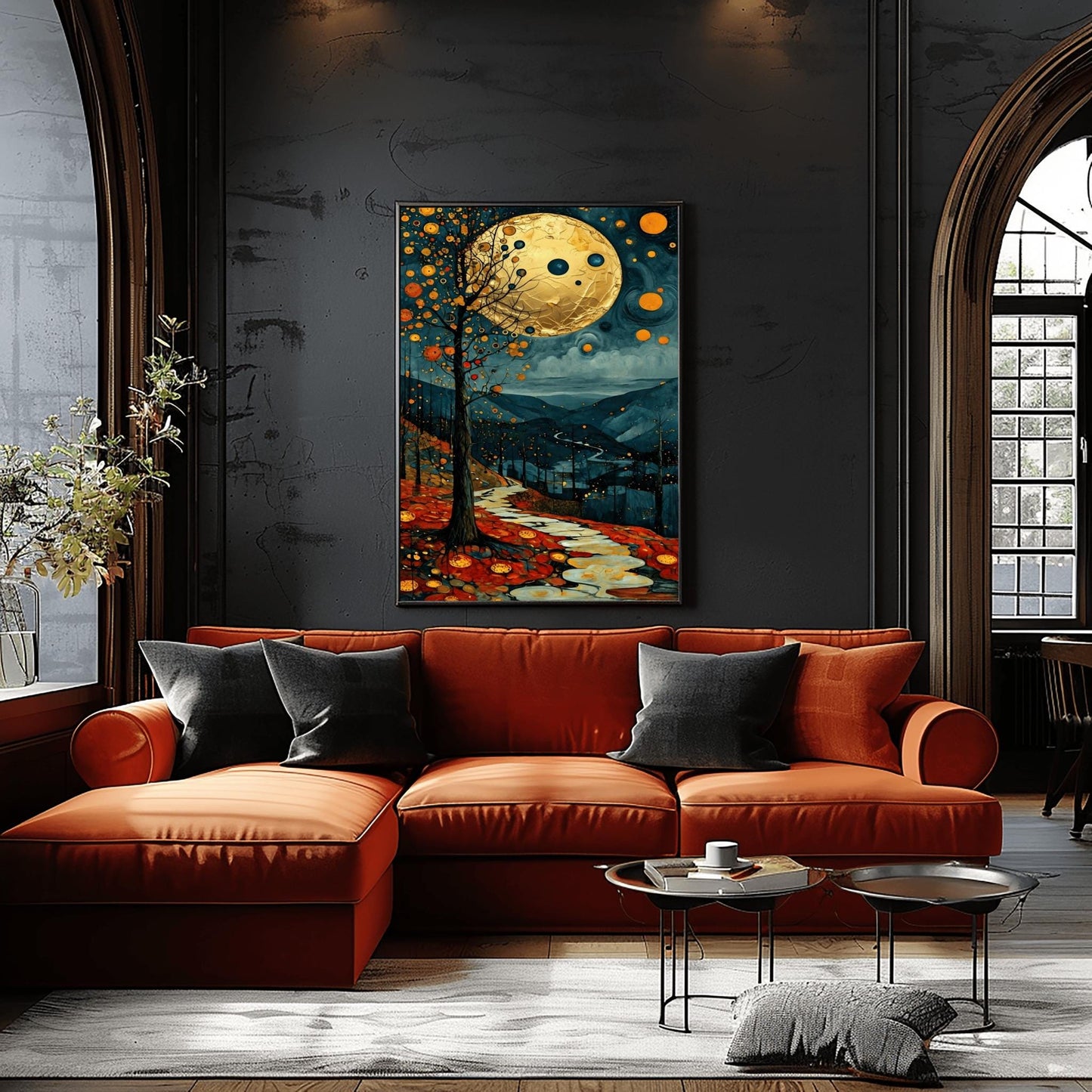 A vertical fine art painting in the style of Gustav Klimt. A massive, textured golden moon hangs in a dark, starlit sky above rolling teal mountains. A white, winding stone path leads through a foreground of orange and red autumn leaves. On the left, a slender tree is decorated with golden mosaic orbs. The overall style is rich in texture and golden ornamentation.