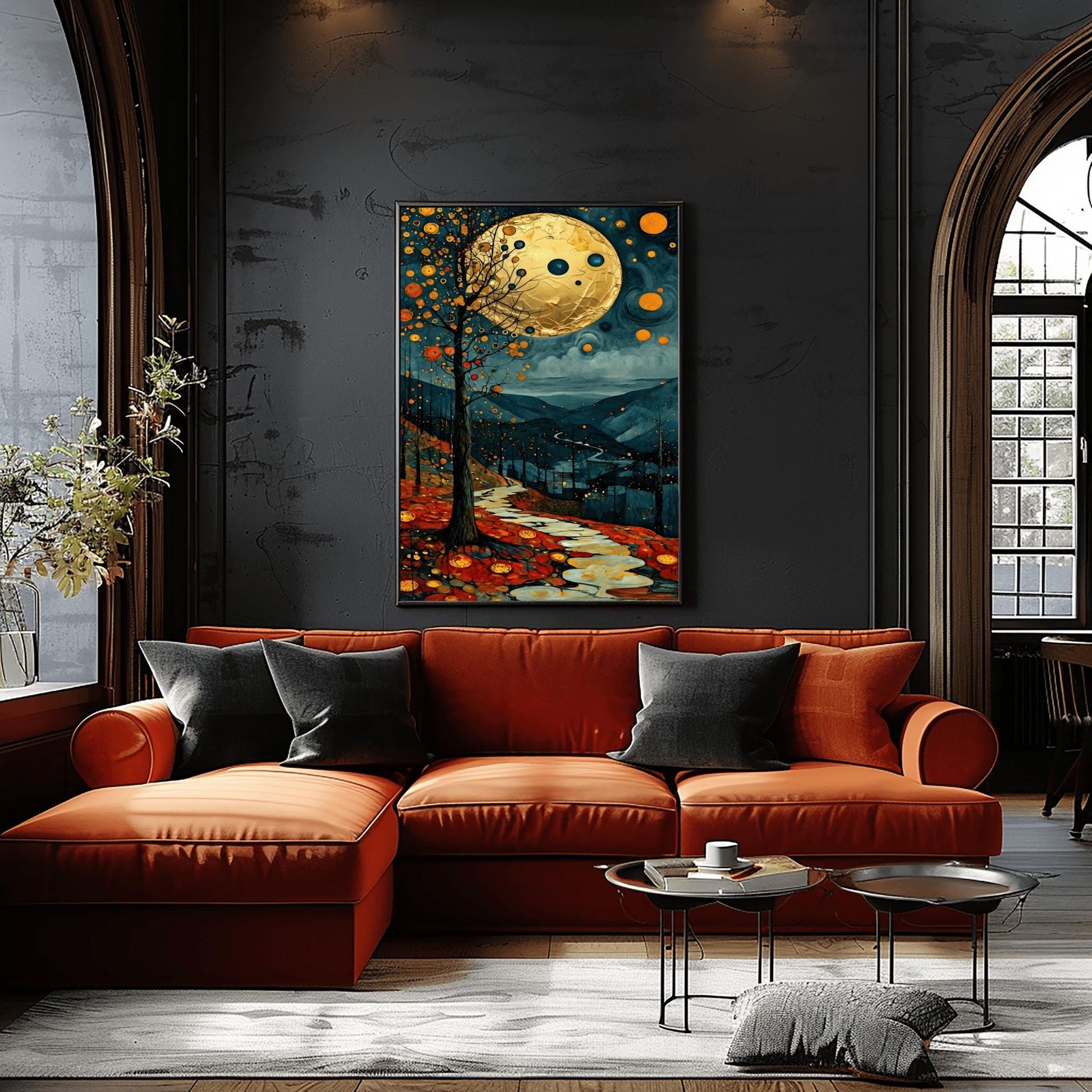 A vertical fine art painting in the style of Gustav Klimt. A massive, textured golden moon hangs in a dark, starlit sky above rolling teal mountains. A white, winding stone path leads through a foreground of orange and red autumn leaves. On the left, a slender tree is decorated with golden mosaic orbs. The overall style is rich in texture and golden ornamentation.
