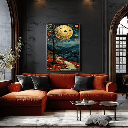 A vertical fine art painting in the style of Gustav Klimt. A massive, textured golden moon hangs in a dark, starlit sky above rolling teal mountains. A white, winding stone path leads through a foreground of orange and red autumn leaves. On the left, a slender tree is decorated with golden mosaic orbs. The overall style is rich in texture and golden ornamentation.