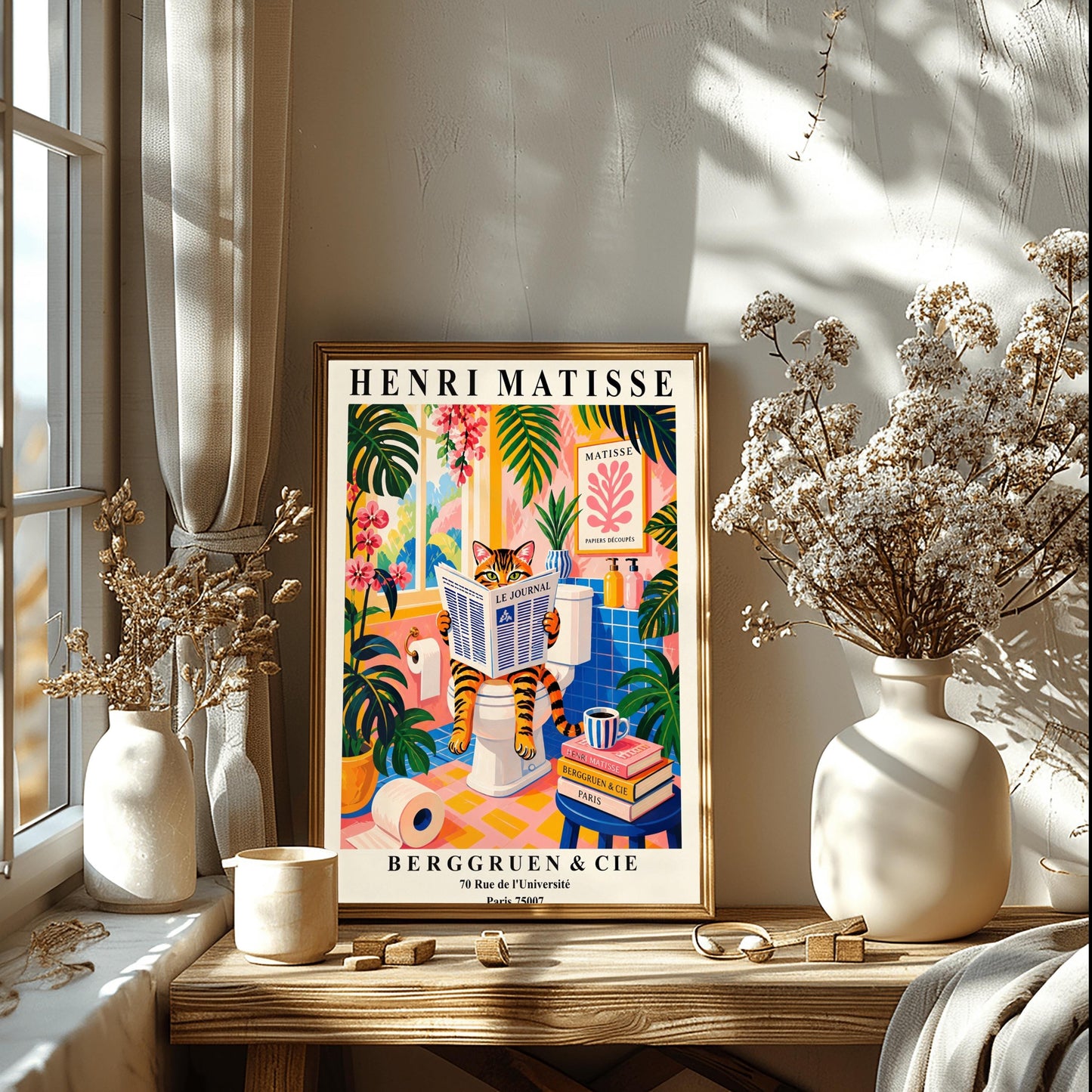 Tabby Cat on Toilet Art Print: Funny Matisse Style Bathroom Wall Art