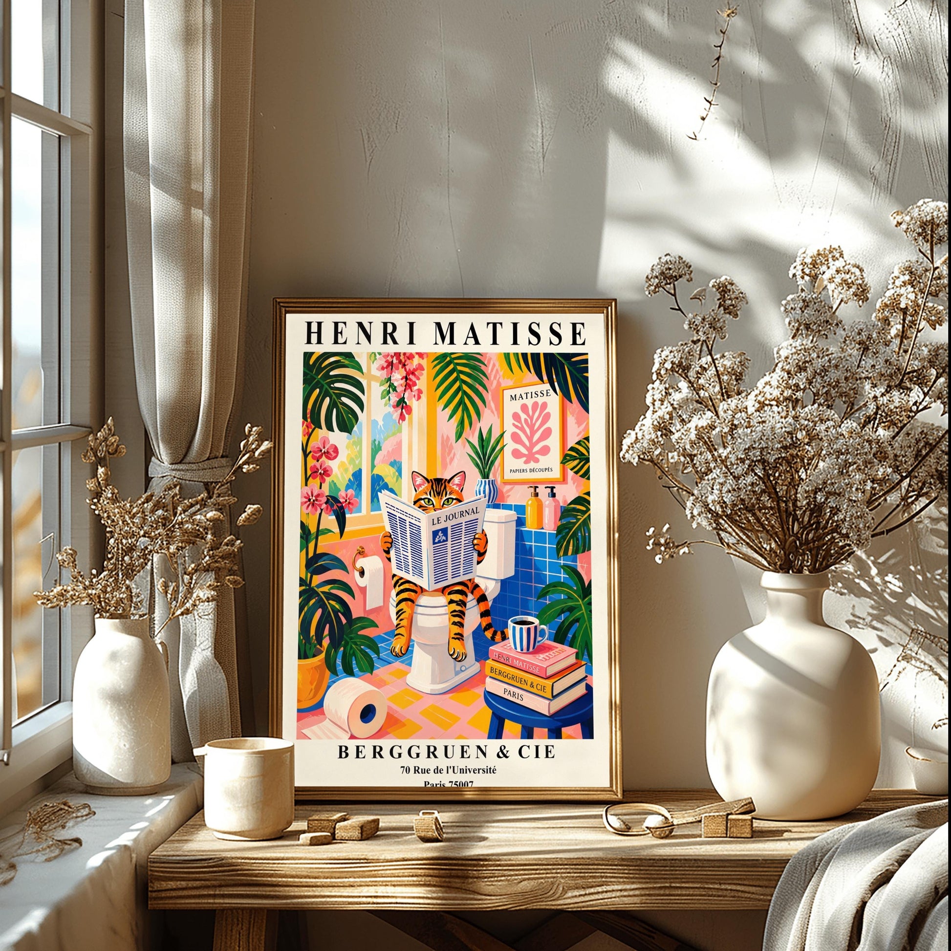 Tabby Cat on Toilet Art Print: Funny Matisse Style Bathroom Wall Art