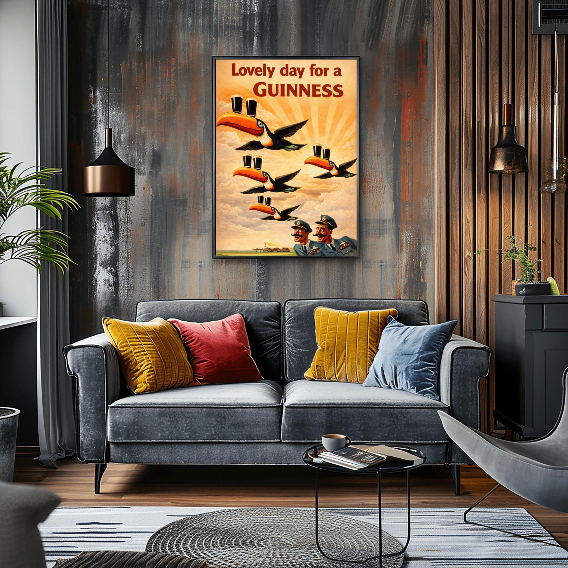 A vertical vintage-style advertising poster for Guinness. Four toucans fly through a sepia-toned sky with sunbeams, each balancing two pints of beer on its beak. Two surprised pilots in blue uniforms look up from the bottom right. Red text at the top reads "Lovely day for a GUINNESS."