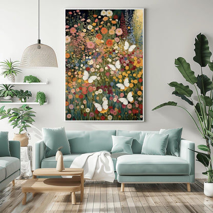 A vertical fine art painting in the style of Gustav Klimt. A dense field of colorful wildflowers in shades of orange, pink, yellow, and red fills the frame. Several large, delicate white butterflies are scattered throughout the meadow, appearing to fly toward a soft golden light in the upper right corner. The style is highly textured with decorative mosaic patterns.
