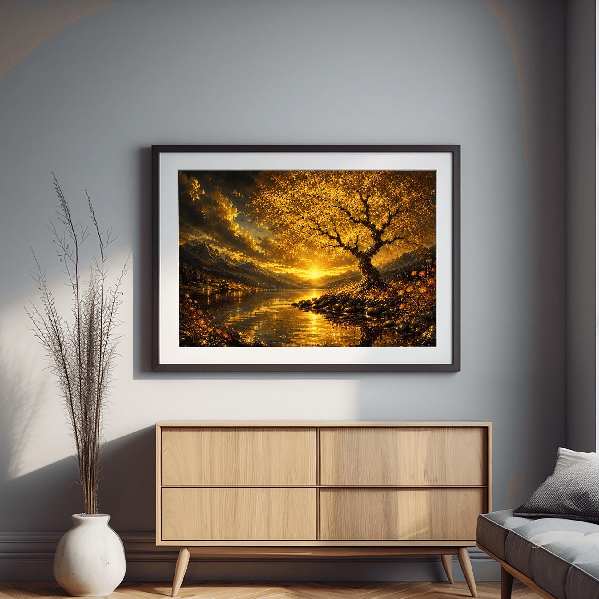 A horizontal landscape print in the style of Gustav Klimt, depicting a dramatic mountain sunset over a reflective lake. On the right shoreline, a large, detailed tree with shimmering golden mosaic leaves arches over the water. Golden wildflowers grow on the ground below the tree. The sun sits low on the horizon between dark, heavy clouds and sharp mountain peaks, casting a bright orange and gold reflection across the rippling water.