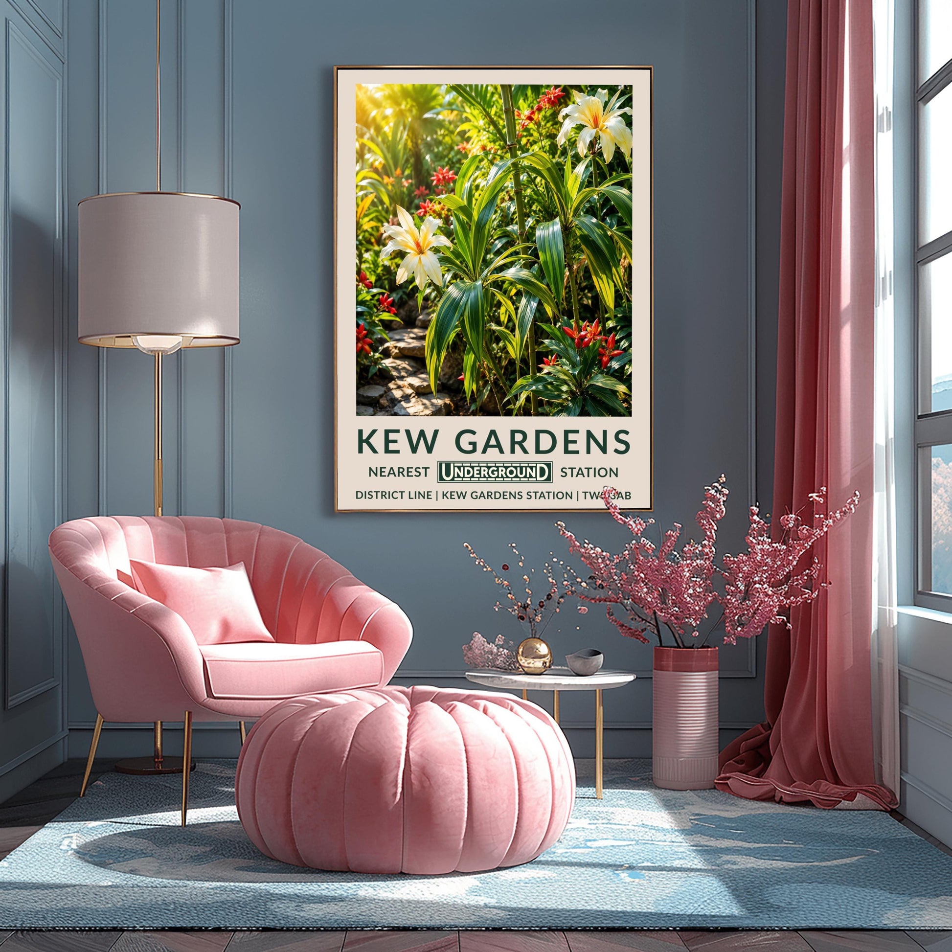 A vertical retro London Underground travel poster for Kew Gardens on a wide cream border. The top image shows a lush, sun-drenched illustration of a tropical jungle interior. In the foreground are large variegated green-and-yellow striped leaves and green bamboo stalks, accented by two large, cream-colored lilies with yellow and orange centers. Small, pointed crimson red flowers are scattered throughout the dense greenery, and a stepping-stone path is visible on the lower left.
