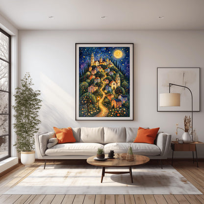A vertical art print in a vibrant mosaic style. A winding, glowing stone path leads up a steep hill through a village of pastel-colored houses and tall, domed church towers. The scene is lit by warm streetlamps and a massive, golden full moon in a starry indigo sky. The foreground is filled with a dense field of small, colorful wildflowers, and the entire image is composed of shimmering, jewel-toned patterns.