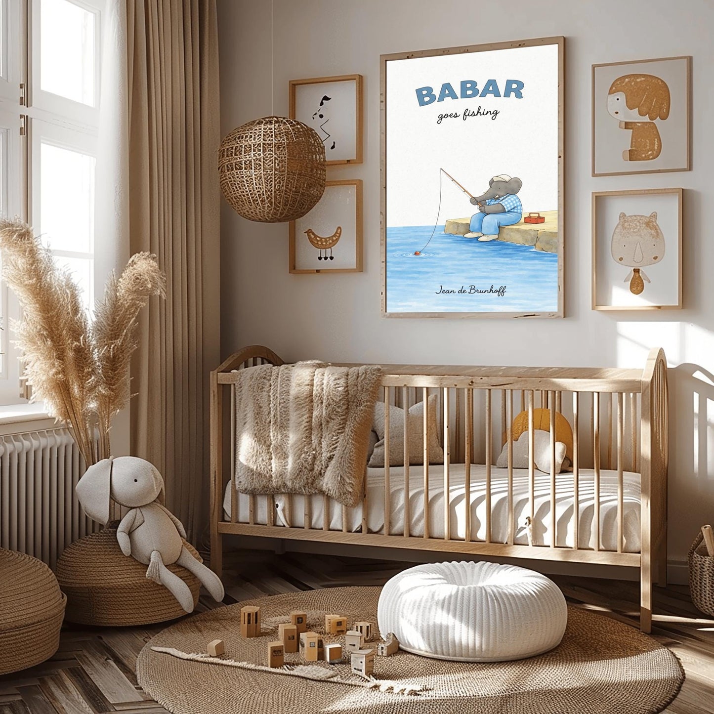 A vertical art print titled "BABAR goes fishing" in large blue letters. A grey elephant sits on a tan rocky pier overlooking blue water. He is wearing a blue and white checkered shirt, light blue overalls, and a white cap. He holds a thin fishing rod, and his line is in the water with a small red bobber. A red tackle box sits on the dock behind him. The name "Jean de Brunhoff" is at the bottom.