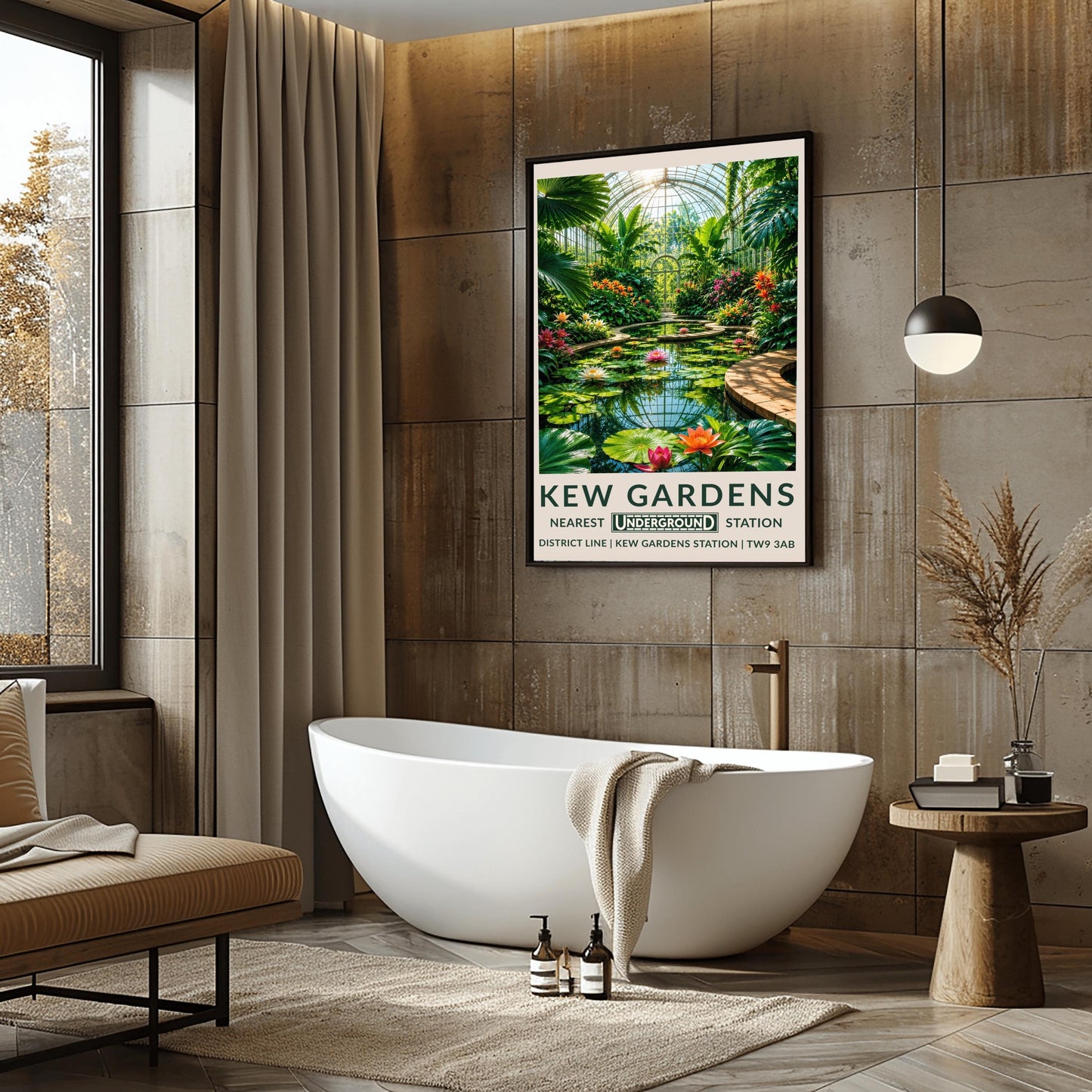 A vertical retro London Underground travel poster for Kew Gardens on a wide cream border. The top image shows an immersive illustration inside a grand Victorian glass conservatory dome. A curved brick pathway encircles a glassy pond filled with giant round lily pads and blooming pink, orange, and white lotus flowers that reflect the grid of the glass roof. Towering fan palms and exotic orange flowers frame the sides, leading to an arched glass doorway in the background.