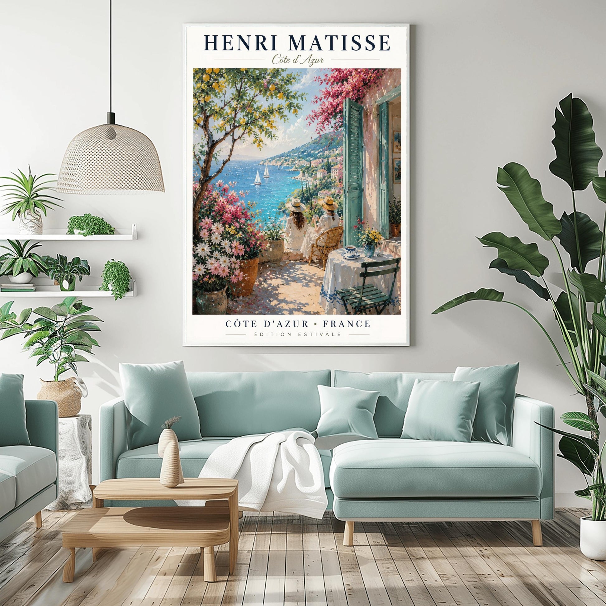 A vertical retro French exhibition poster for Henri Matisse Côte d'Azur on a wide ivory border, as seen in Screenshot 2026-06-06 at 23.18.59.png. The main image shows a beautiful summer illustration of a stone terrace overlooking the blue Mediterranean Sea where two white sailboats float. On the terrace, two women wearing white dresses and straw hats sit facing the water. To the left stands a green lemon tree with yellow fruit and large pots of pink and white flowers.