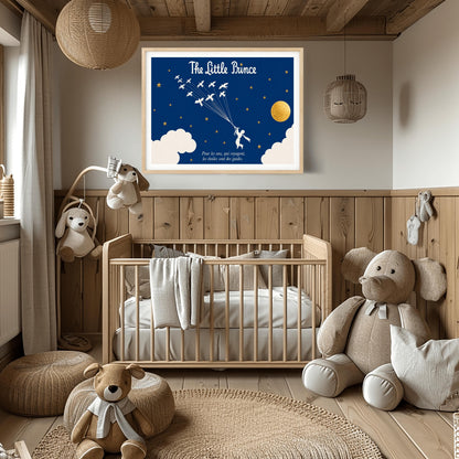A horizontal illustration of the Little Prince flying through a navy blue night sky. In the center, a white silhouette of the prince holds onto a cluster of fine strings attached to a flock of twelve white wild birds flying upwards and to the left. The sky is filled with small gold stars and features a large, textured gold circular moon on the right, with soft white clouds along the bottom edges
