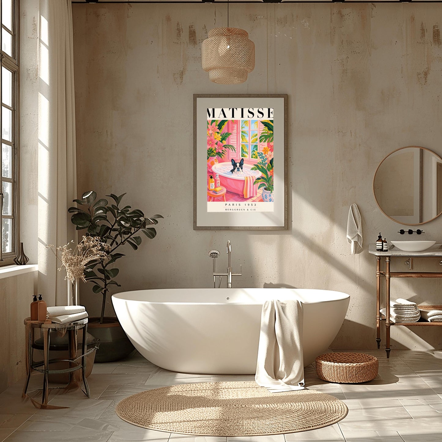 A vertical maximalist art print styled as a Henri Matisse exhibition poster. A black and white Boston Terrier dog sits in a pink bathtub filled with white bubbles. The bathroom features pink tiled floors and walls, decorated with lush green tropical plants and vibrant pink flowers in floral vases. A window with pink shutters in the background looks out onto palm trees and a blue ocean. In the foreground, soap bottles and a yellow bar of soap sit on a small pink stool.