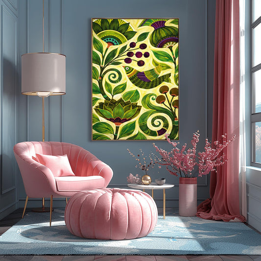 A vertical botanical art print in a modern folk style. A stylized bird with green and purple stripes is perched among thick, swirling green vines and large, pointed leaves. Clusters of dark purple berries and round brown seed pods are scattered throughout the composition. The background is a soft yellow-green, and the entire image is filled with intricate, hand-painted textures and circular patterns.