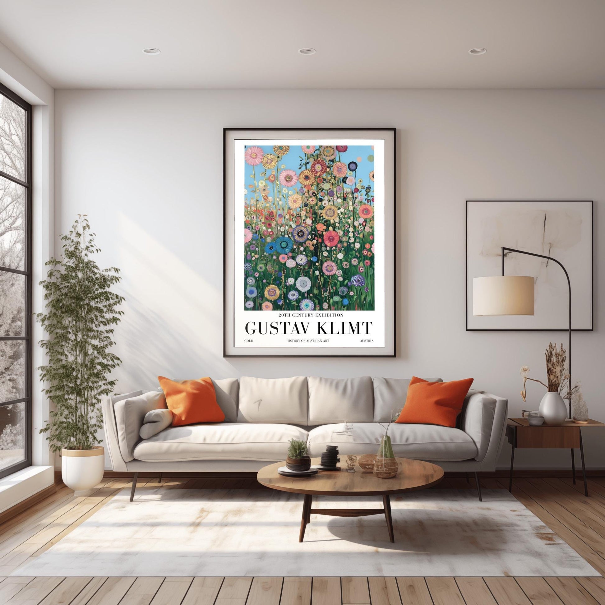 A vertical museum exhibition poster in the style of Gustav Klimt. A dense field of colorful, stylized wildflowers in pink, blue, and orange reaches upward toward a light blue sky filled with golden orbs. Each flower is detailed with mosaic patterns and gold leaf. Bold black text at the bottom reads "GUSTAV KLIMT" and "HISTORY OF AUSTRIAN ART."
