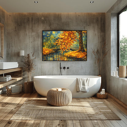A horizontal landscape art print in the style of Gustav Klimt. A large tree with shimmering golden and orange mosaic-style leaves hangs over a dark blue pond. An ornate black bridge with golden spiral patterns crosses the water in the background. The sky is filled with stylized yellow swirls and stars. The ground is covered in golden leaves, and the entire scene is rich with decorative textures and vibrant metallic tones.