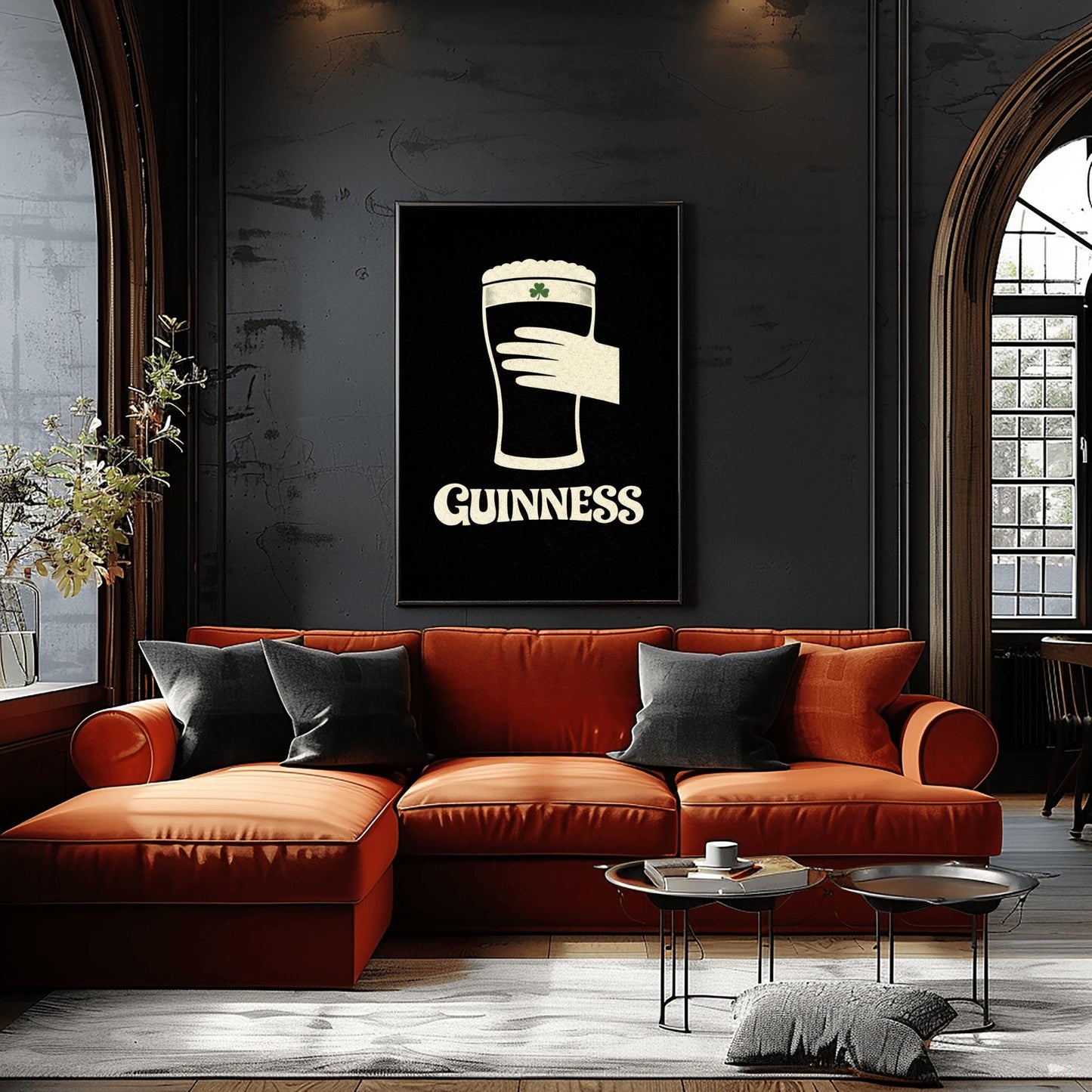 A vertical minimalist graphic design on a textured black background. A cream-colored hand is shown holding a pint of Guinness stout, with the glass itself created out of negative space. A small green shamrock is on the foam. The word "GUINNESS" is in cream text at the bottom.