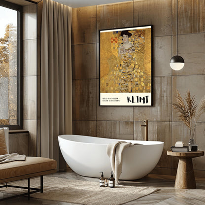 A vertical museum exhibition poster of Gustav Klimt's 1907 "Portrait of Adele Bloch-Bauer I." A woman is shown encased in a lavish gold dress with eye and triangle patterns against a shimmering gold mosaic background. The bottom border is cream with bold black text reading "ADELE BLOCH-BAUER I" and "KLIMT."