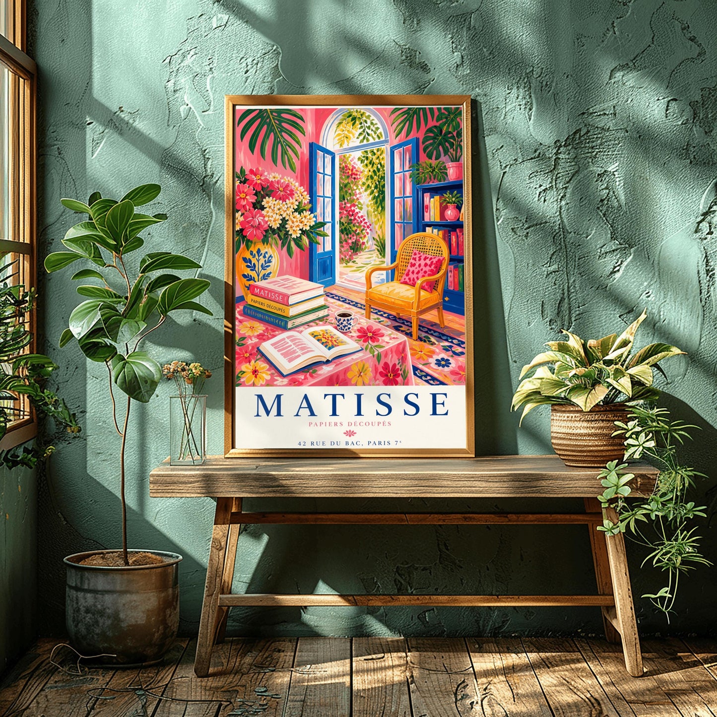 A vertical maximalist art print styled as a Henri Matisse exhibition poster. The scene shows a vibrant interior reading room with hot pink walls and cobalt blue French doors open to a sunlit garden. A yellow cane chair sits next to a bookshelf. In the foreground, a table covered in a pink floral cloth holds a stack of art books, an open book, and a blue coffee mug. Large monstera leaves and various flowers frame the room. Bold black and red text at the bottom reads "MATISSE PAPIERS DÉCOUPÉS"