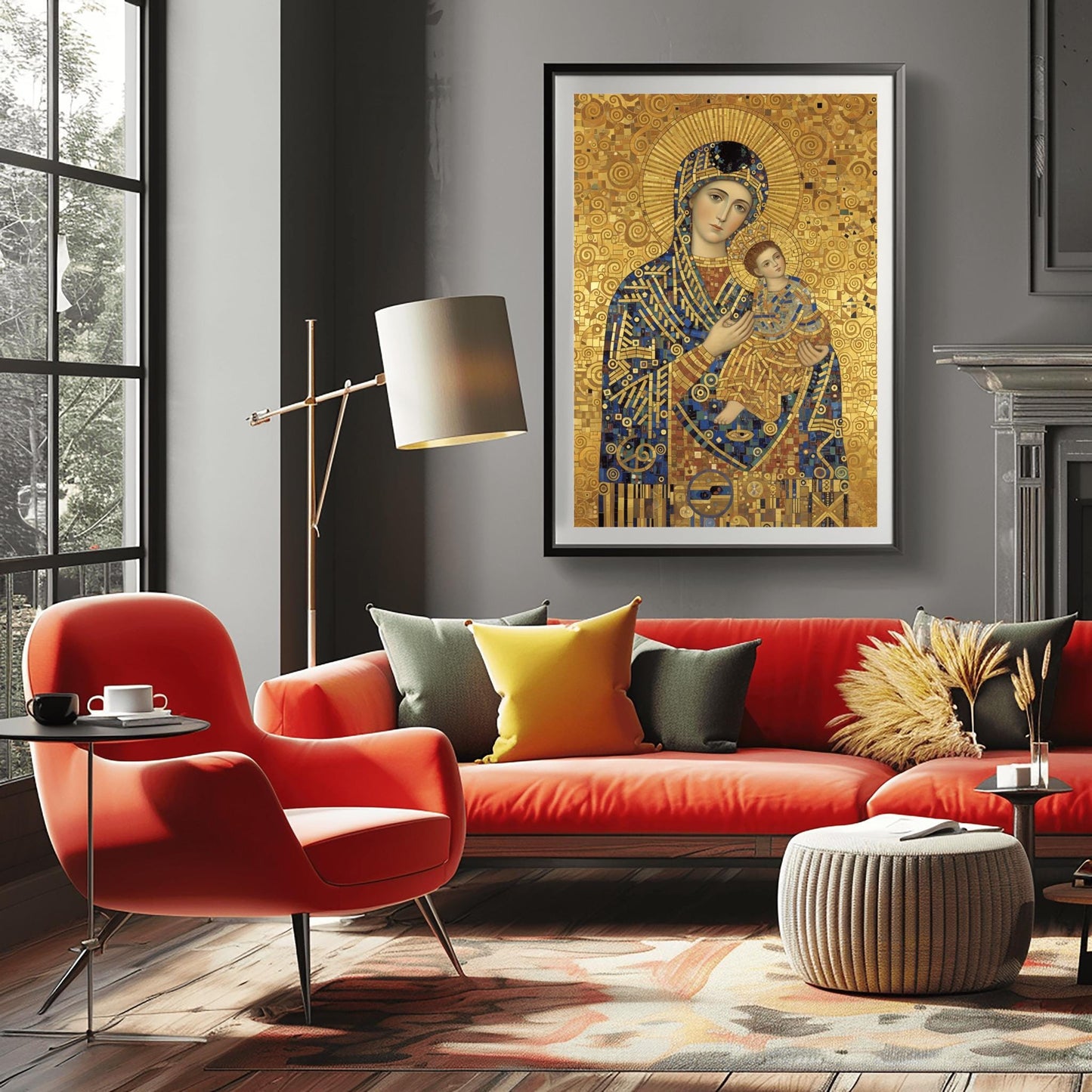 A vertical fine art print in the style of Gustav Klimt. A Madonna and Christ Child are depicted in a modern Byzantine style. Their robes are made of intricate gold and blue mosaic patterns. The Madonna has a large gold ray halo, and the entire background is a textured gold leaf with swirling spiral motifs.