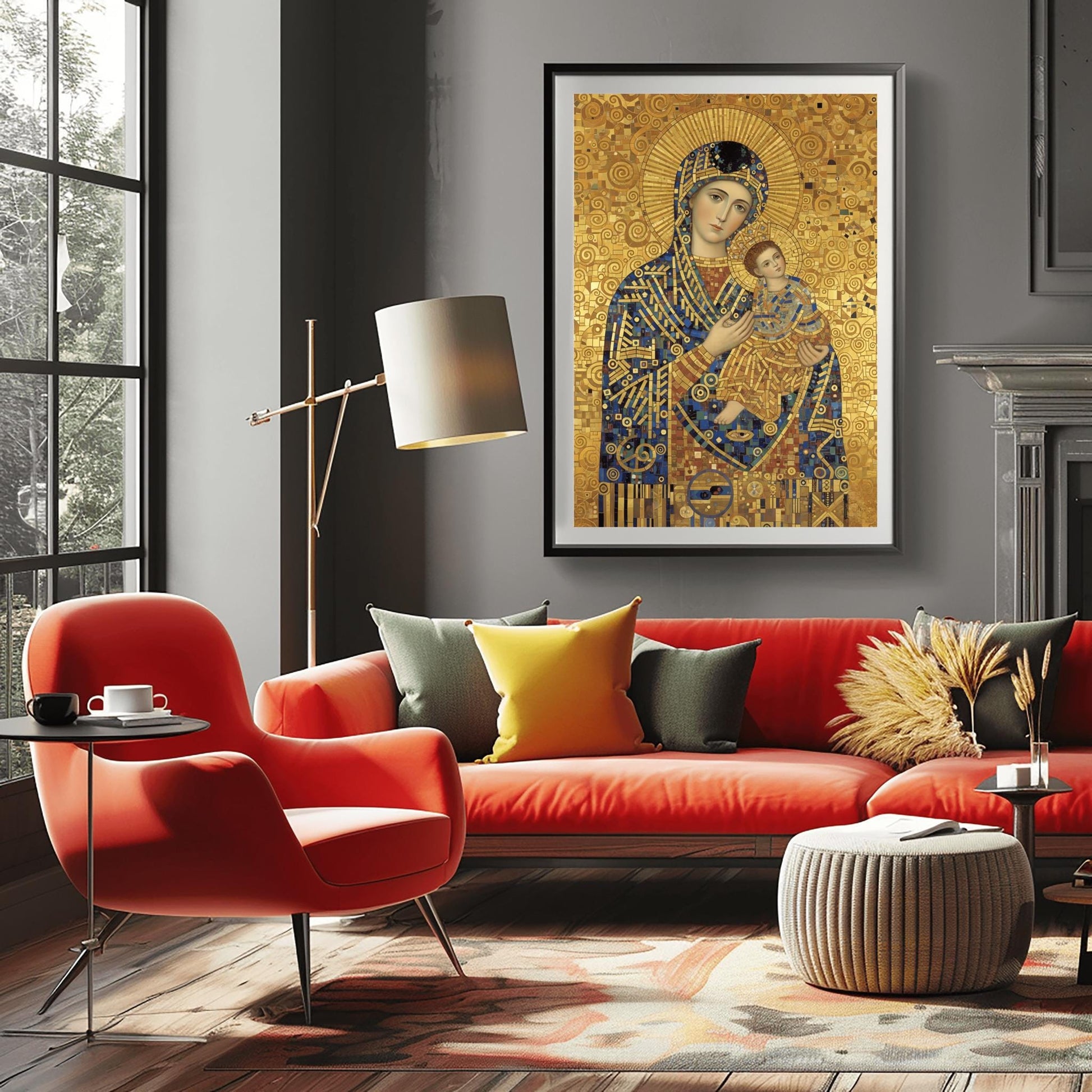 A vertical fine art print in the style of Gustav Klimt. A Madonna and Christ Child are depicted in a modern Byzantine style. Their robes are made of intricate gold and blue mosaic patterns. The Madonna has a large gold ray halo, and the entire background is a textured gold leaf with swirling spiral motifs.