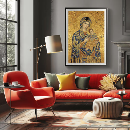 A vertical fine art print in the style of Gustav Klimt. A Madonna and Christ Child are depicted in a modern Byzantine style. Their robes are made of intricate gold and blue mosaic patterns. The Madonna has a large gold ray halo, and the entire background is a textured gold leaf with swirling spiral motifs.