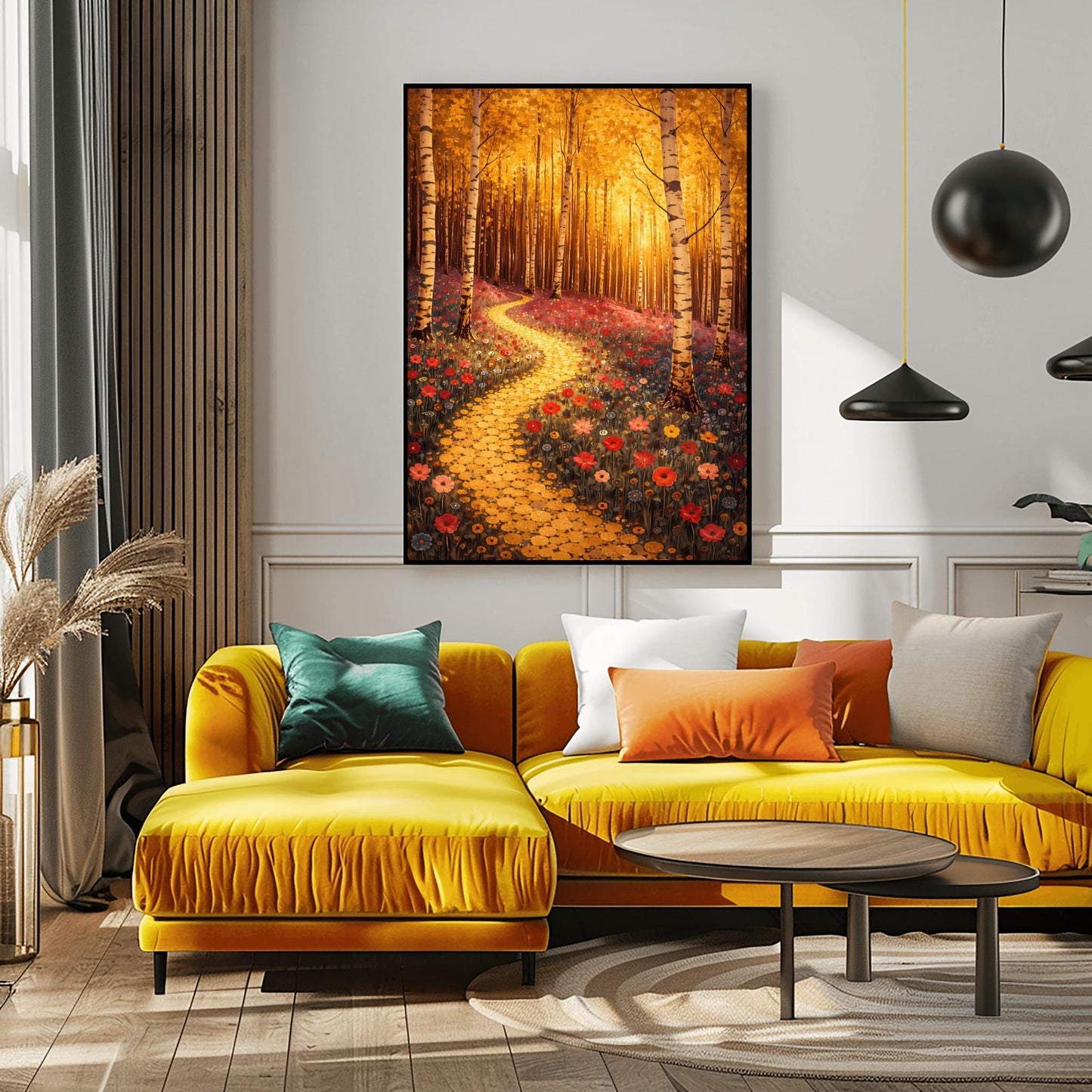 A vertical fine art landscape in the style of Gustav Klimt. Slender birch trees with white and black bark stand in a forest with glowing golden leaves. A winding path made of golden mosaic circles leads through a meadow of red and pink poppies toward a sun-drenched, ethereal background.