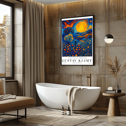 A vertical museum exhibition poster in the style of Gustav Klimt. A large, swirling golden sun sits in a sky of orange and blue clouds over rolling blue hills. The foreground is a meadow of orange circular flowers. Below the image, bold black text reads "GUSTAV KLIMT" and "BLUE FIELDS" on a white border.