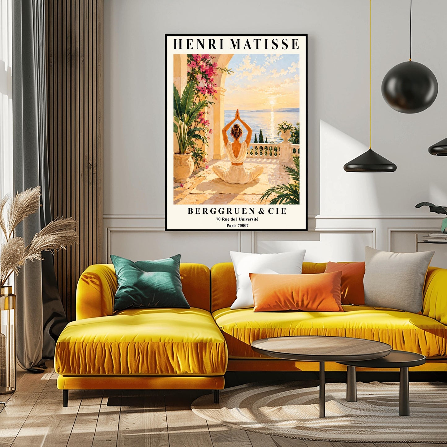 Henri Matisse style poster featuring a woman meditating in a yoga pose on a Mediterranean terrace overlooking the sea at sunset, surrounded by tropical plants, pink flowers, elegant architecture, and warm golden coastal scenery.v