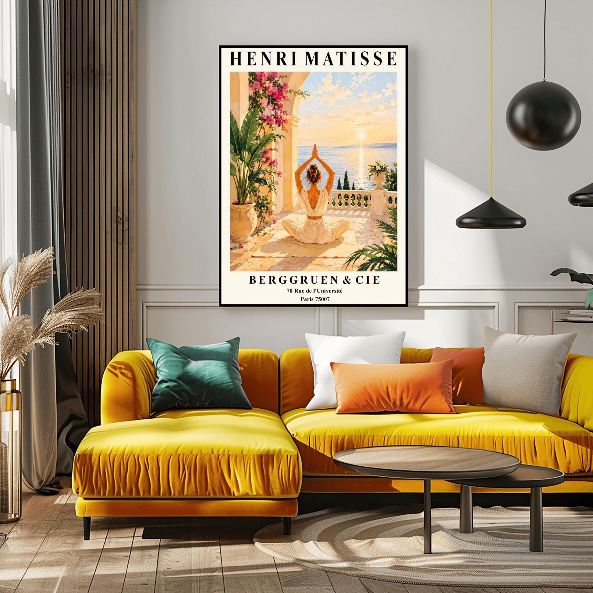 Henri Matisse style poster featuring a woman meditating in a yoga pose on a Mediterranean terrace overlooking the sea at sunset, surrounded by tropical plants, pink flowers, elegant architecture, and warm golden coastal scenery.v