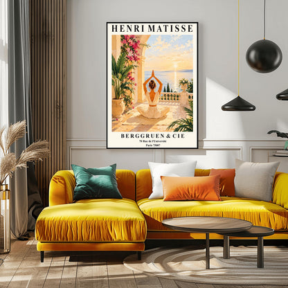 Henri Matisse style poster featuring a woman meditating in a yoga pose on a Mediterranean terrace overlooking the sea at sunset, surrounded by tropical plants, pink flowers, elegant architecture, and warm golden coastal scenery.v