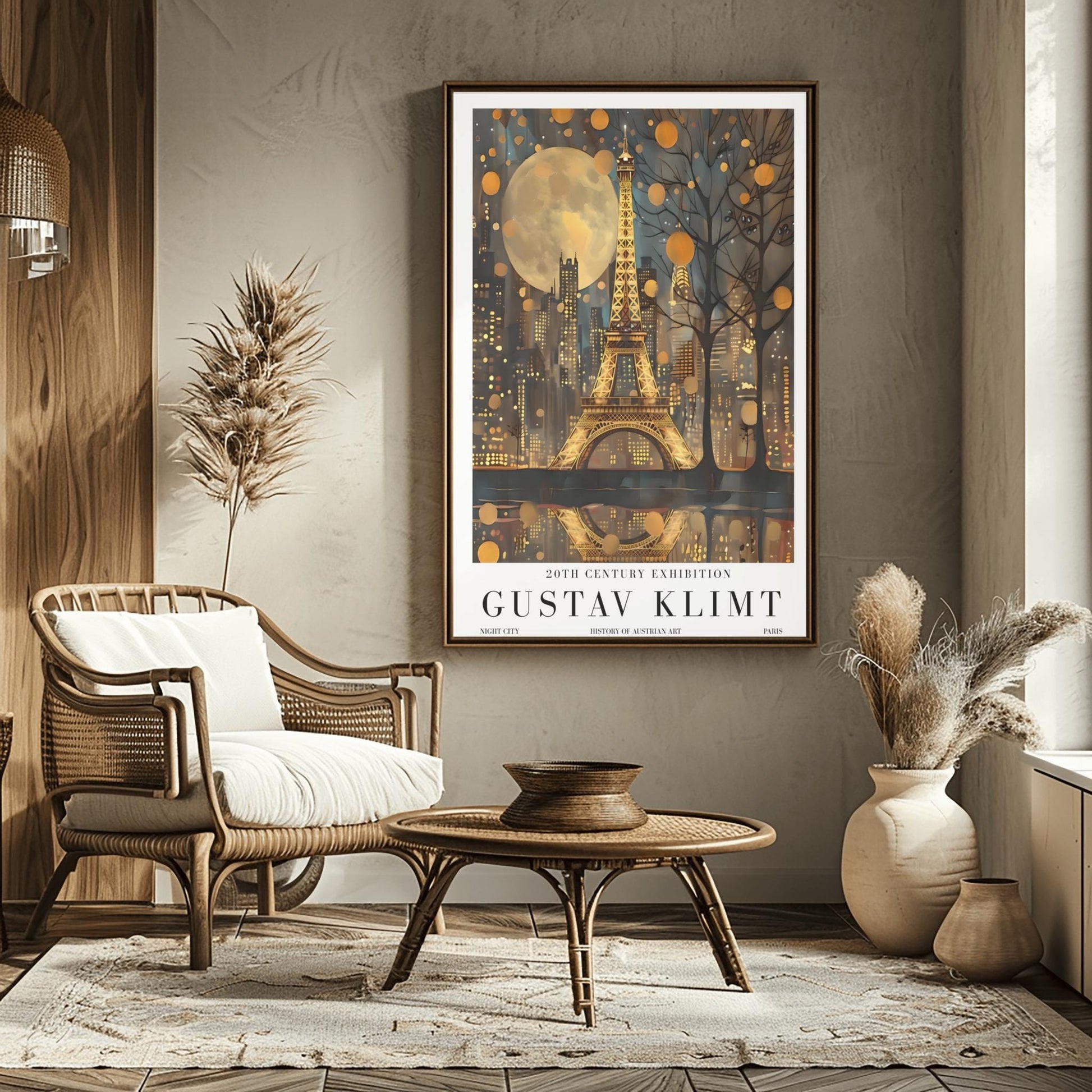 A vertical museum exhibition poster featuring the Eiffel Tower in Paris at night in the style of Gustav Klimt. The tower and city buildings glow in textured gold against a dark blue sky with a large, golden moon. Below the image, bold black text reads "GUSTAV KLIMT" and "20TH CENTURY EXHIBITION" against a white border.