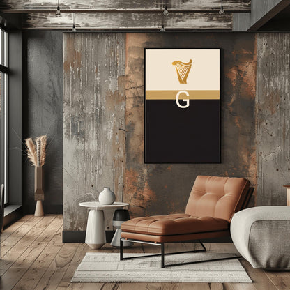 A vertical minimalist graphic art print. The top half is cream-colored with a golden harp icon at the top. A large, white serif letter "G" is centered in the middle but is split in half by a horizontal gold band. The bottom half of the poster is solid, deep black. The design is a modern, graphic tribute to the Guinness brand colors and symbols.