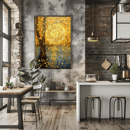 A vertical abstract landscape in the style of Gustav Klimt. A large, swirling golden sun hangs in a warm gold sky next to a dark tree trunk. Cascading golden discs fall from the tree like rain into dark blue water below. The entire scene is filled with intricate spiral textures and shimmering gold leaf effects.