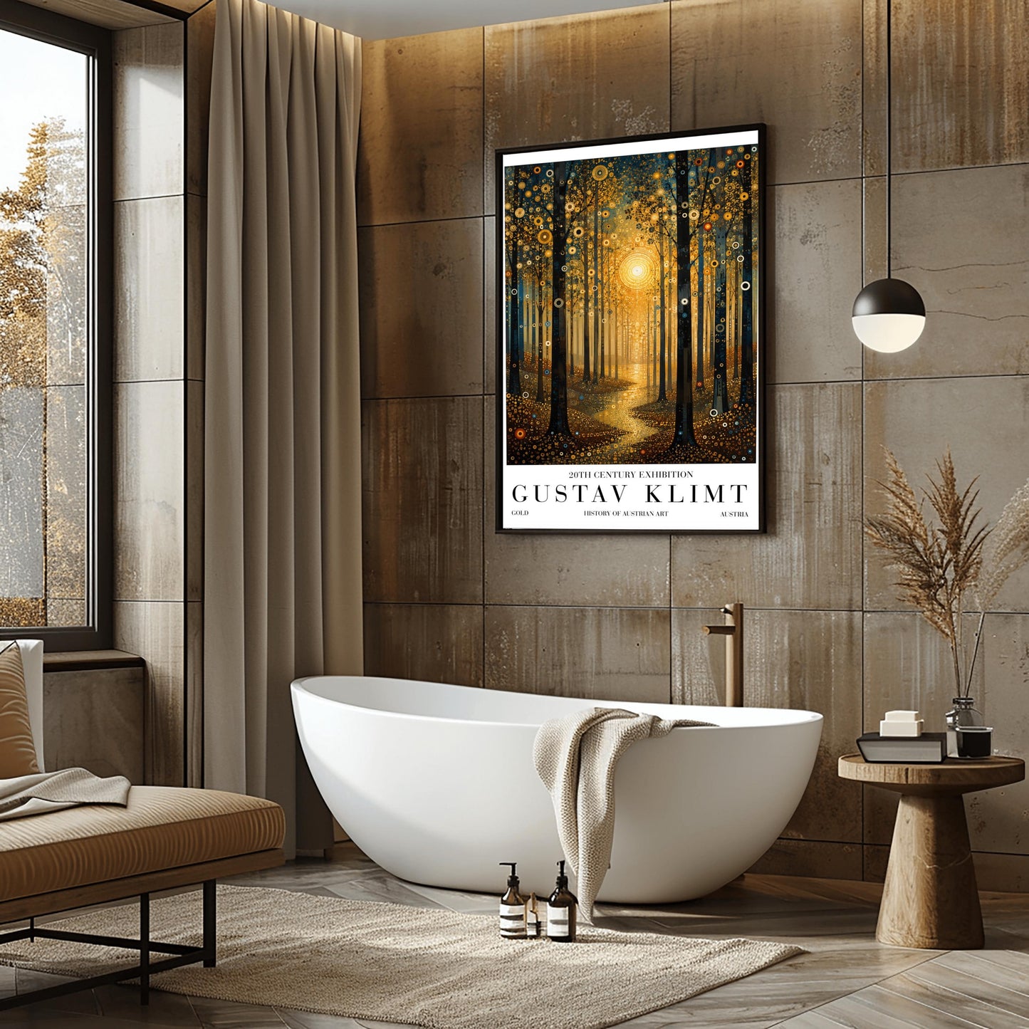A vertical museum-style exhibition poster with a clean white border. The central illustration depicts a dense forest at sunset or sunrise in the decorative style of Gustav Klimt. A large, bright golden sun made of mosaic rings radiates in the center, casting a glowing path of liquid gold along a winding trail. Tall, dark tree trunks frame the composition, and the leaves and ground are covered in intricate golden spirals, target symbols, and circular patterns with small teal accents.