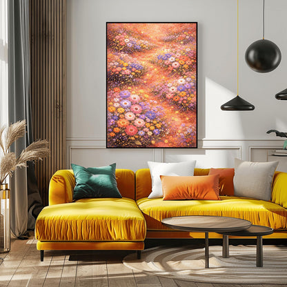 A vertical, highly detailed Art Nouveau-style illustration of a dense wildflower meadow. Stylized flowers in shades of lavender, coral, and orange are outlined in gold. Shimmering golden particles float between the blooms against a warm, glowing amber background.