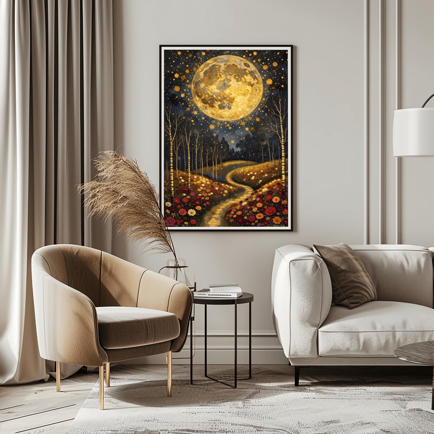 A vertical fine art painting in the style of Gustav Klimt. A massive, textured golden moon fills the upper half of a dark, starlit sky. Below, a winding golden path leads through a lush field of colorful wildflowers including pink, red, and white blooms. Slender birch trees with gold accents frame the meadow. The style is highly decorative with mosaic patterns and shimmering light effects.