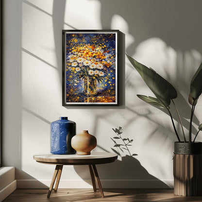 A vertical art print in the style of Gustav Klimt featuring a bouquet of white daisies with yellow centers in a tall, patterned gold vase. The vase is decorated with small black and gold circles. The background is a vibrant dark blue with swirling golden patterns and stars. The table surface below reflects the blue and gold light. The entire image is composed of intricate mosaic-like textures and shimmering metallic tones.