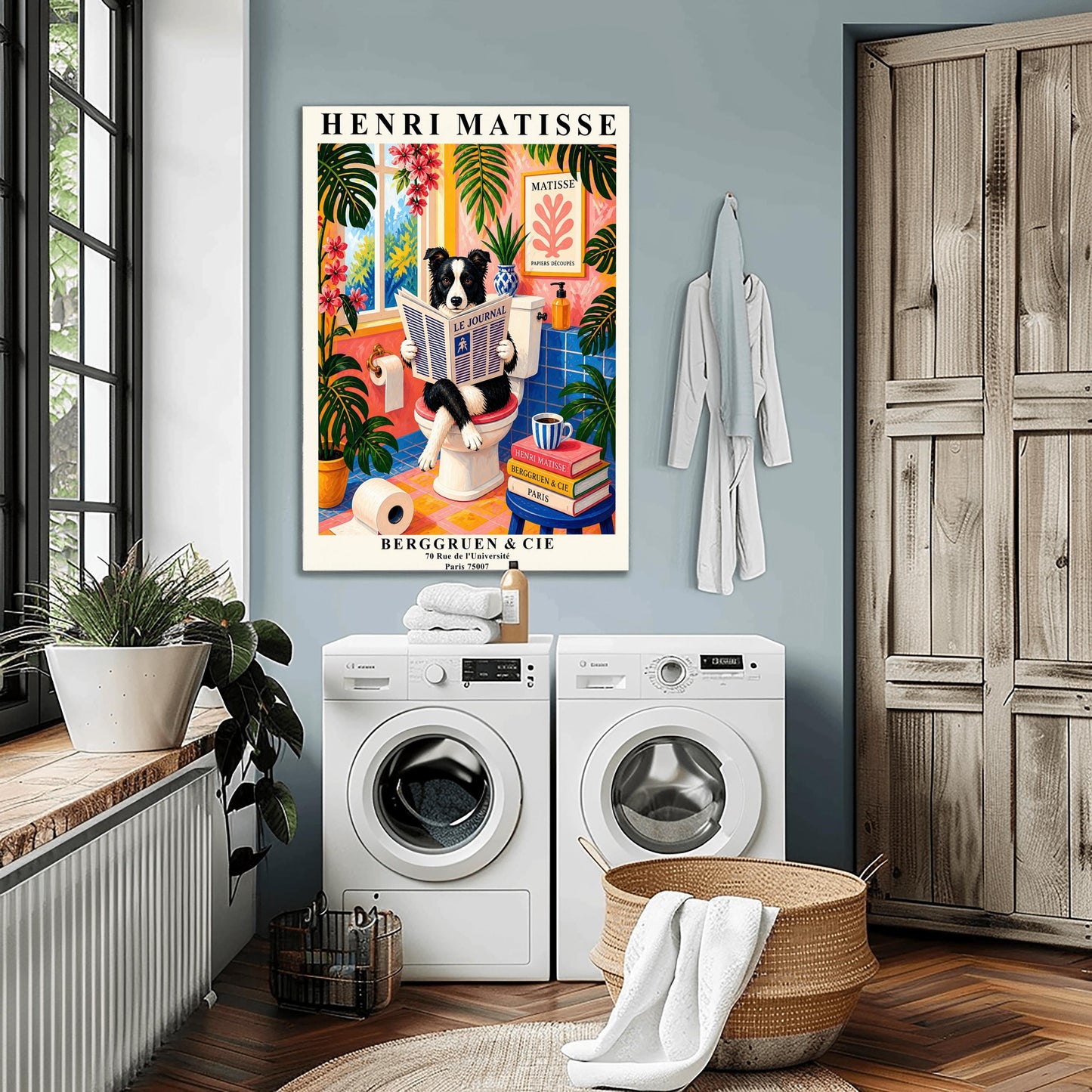 A vertical maximalist art print designed as a Henri Matisse exhibition poster. A black and white Border Collie is sitting on a white toilet with its legs crossed, holding and reading a newspaper titled "Le Journal." The bathroom is vibrantly colored with pink walls, blue wall tiles, and a pink and yellow checkered floor. The room is filled with large green tropical plants and red flowers. A stack of art books and a striped mug sit on a blue stool.