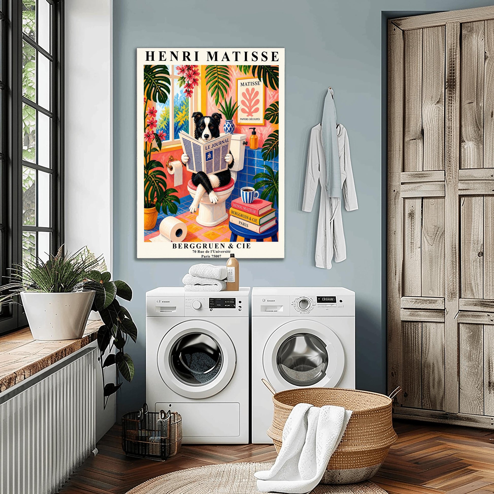 A vertical maximalist art print designed as a Henri Matisse exhibition poster. A black and white Border Collie is sitting on a white toilet with its legs crossed, holding and reading a newspaper titled "Le Journal." The bathroom is vibrantly colored with pink walls, blue wall tiles, and a pink and yellow checkered floor. The room is filled with large green tropical plants and red flowers. A stack of art books and a striped mug sit on a blue stool.