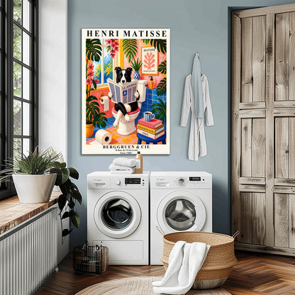 A vertical maximalist art print designed as a Henri Matisse exhibition poster. A black and white Border Collie is sitting on a white toilet with its legs crossed, holding and reading a newspaper titled "Le Journal." The bathroom is vibrantly colored with pink walls, blue wall tiles, and a pink and yellow checkered floor. The room is filled with large green tropical plants and red flowers. A stack of art books and a striped mug sit on a blue stool.