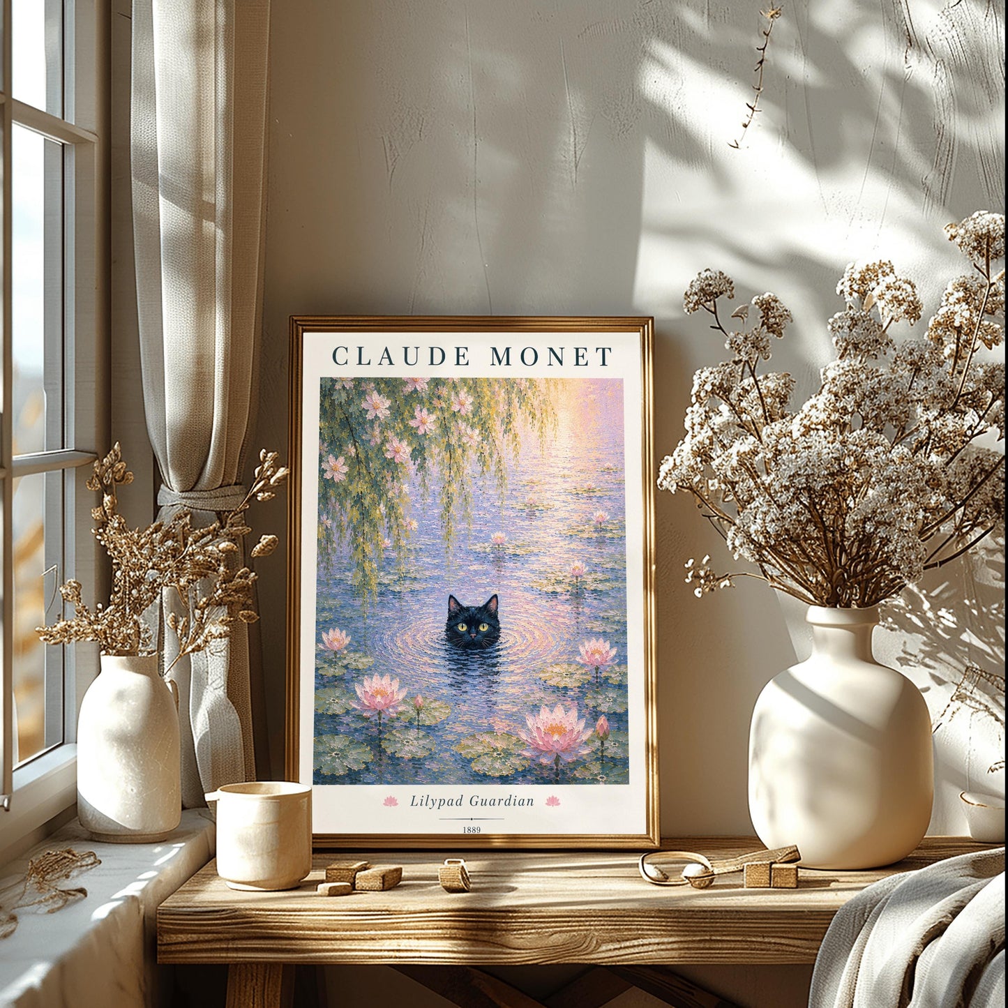 A vertical impressionist-style art print titled "Lilypad Guardian." A black cat with bright yellow eyes is submerged up to its chin in a pond filled with pink water lilies and green lily pads. Weeping willow branches hang from above. The top of the print features "CLAUDE MONET" in a dark serif font, and the bottom includes the title and the year 1889. The colors are soft pastels with a heavy, textured paint effect.