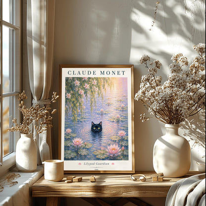 A vertical impressionist-style art print titled "Lilypad Guardian." A black cat with bright yellow eyes is submerged up to its chin in a pond filled with pink water lilies and green lily pads. Weeping willow branches hang from above. The top of the print features "CLAUDE MONET" in a dark serif font, and the bottom includes the title and the year 1889. The colors are soft pastels with a heavy, textured paint effect.
