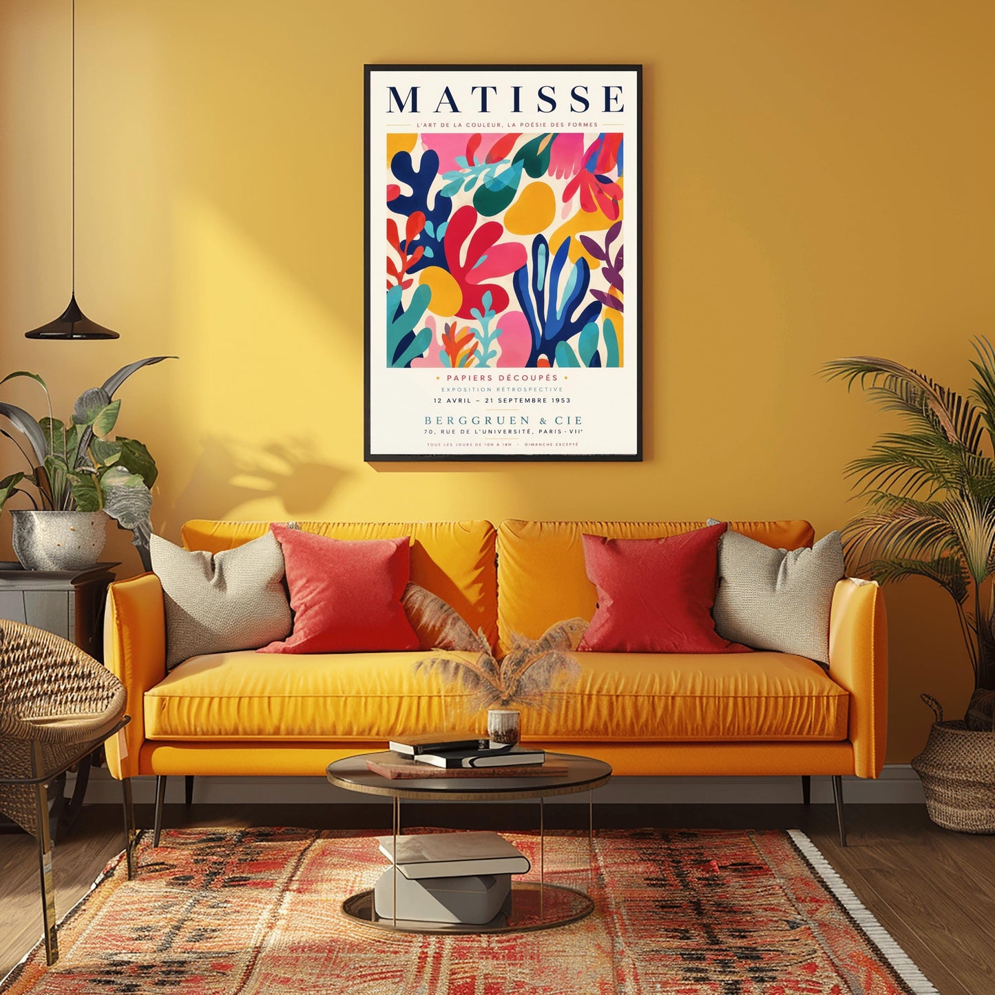 A vertical gallery exhibition poster with a warm cream border. Bold black text at the top reads "HENRI MATISSE". The central artwork is a rectangular block with a solid cobalt blue background, featuring a cream silhouette of an abstract, organic split-leaf design. Below the block, black text reads "PAPIERS DÉCOUPÉS" and "FEUILLE". The bottom of the poster finishes with the text "BERGGRUEN & CIE - 70 RUE DE L'UNIVERSITÉ - PARIS VII".