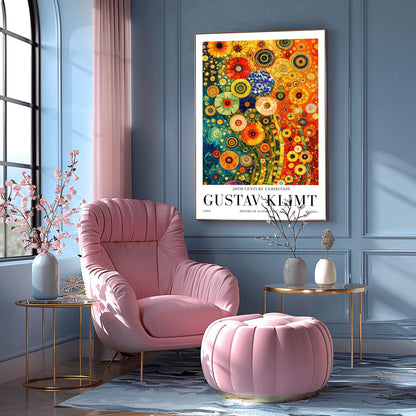 A vertical museum exhibition poster in the style of Gustav Klimt. The central image is a dense, colorful mosaic of stylized flowers in teal, orange, and red. The artwork is surrounded by a white border with bold black text that reads "GUSTAV KLIMT" and "20TH CENTURY EXHIBITION."